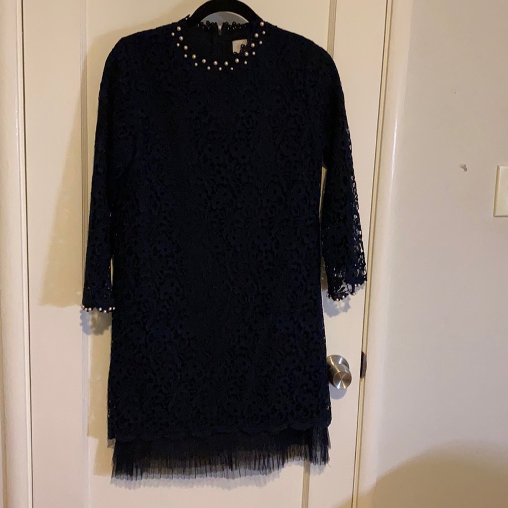 Navy blue lace dress with pearls